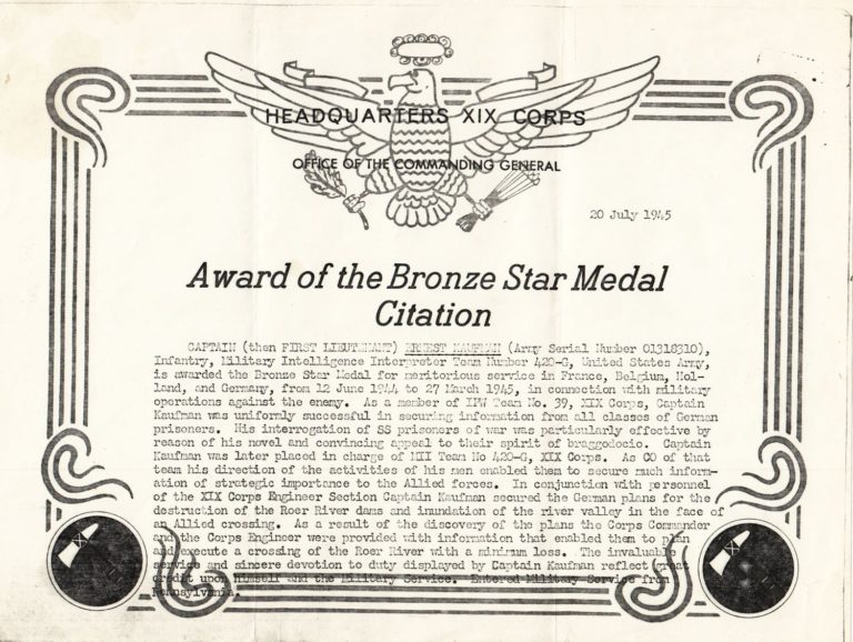 Ernest’s Bronze Star Medal Citation