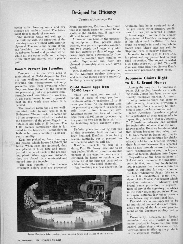 A three-page story in the November 1964 issue of Poultry Tribune goes into detail about the Kaufmans’ new processing plant.
