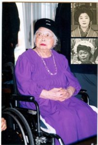 Sumi’s mother, Suye Kobayashi, at her 100th birthday celebration at Medford Leas in December 2000. The two insets are from the photos at right. Photographer Marion Tamaki